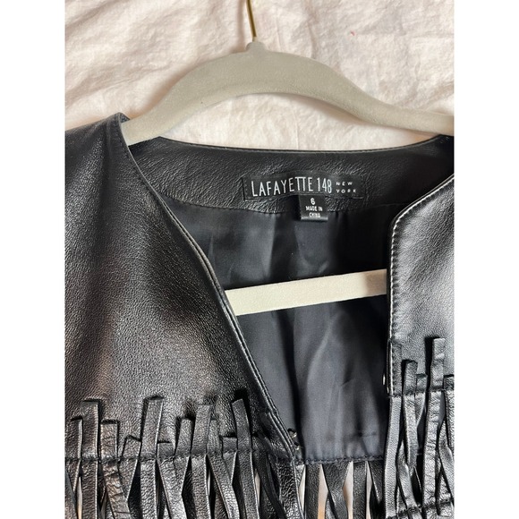 Lafayette 148 New York Black Lambskin Leather Fringe Lattice Jacket Womens 6 - Picture 3 of 9
